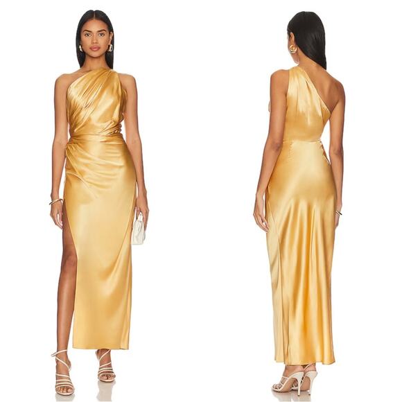 The Sei Asymmetrical Ruched Draped One Shoulder Silk Gold Maxi Dress Size 4 - Picture 1 of 9